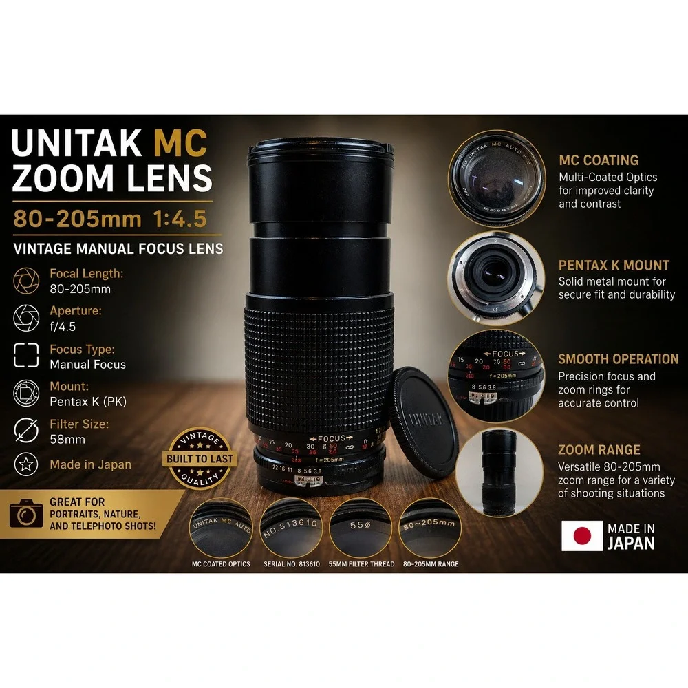 Unitak MC Auto Zoom 80-205mm f4.5 Lens Pentax K Mount Vintage Manual Focus Japan